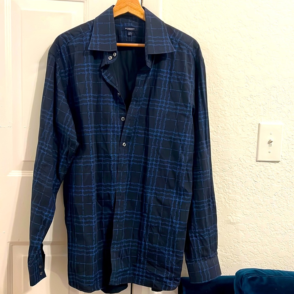 Burberry navy and blue print button down shirt.